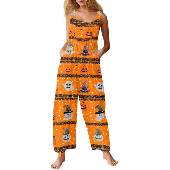 WULMLEO Halloween Rompers for Womens Adjustable Strap Spooky A-Line Jumpsuits 2026 Cute Fashion Graphic Overalls Loose Fall Travel Jumpsuit with Pockets Multicolor S