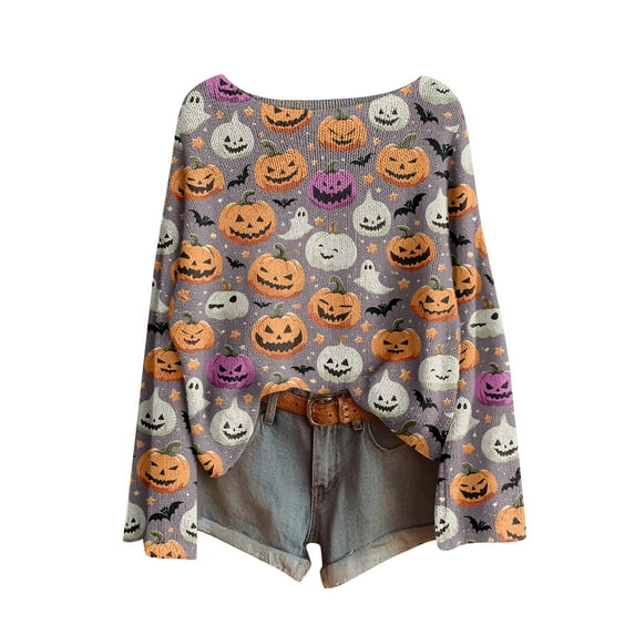 WULMLEO Halloween Women Pumpkin Sweaters Fashion Cotton Polyester Oversized Boluses Crew Neck Long Sleeve Cute Casual Clothes Lightweight Plus Size Kint Crochet Fashion Tops Gray M