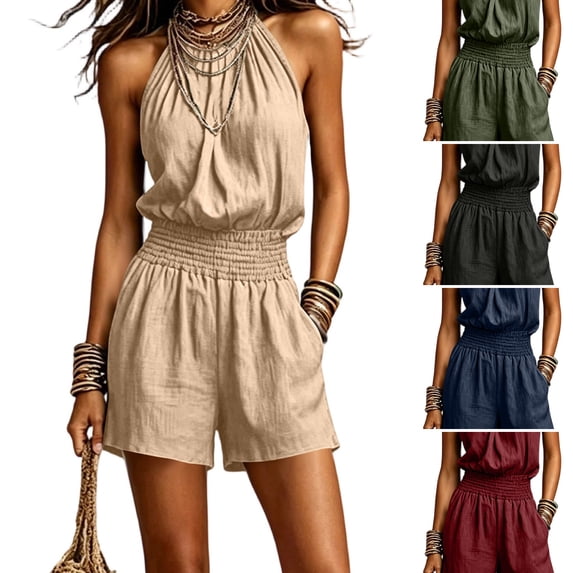 WULMLEO Halter Neck Jumpsuits for Women Summer Backless Smocked Waist Sleeveless Wide Leg One Piece Rompers Casual Elegant Beach Romper with Pockets Khaki XL