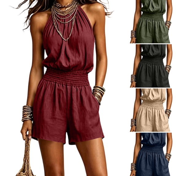 WULMLEO Halter Neck Rompers Women Summer Wide Leg Sleeveless Backless Smocked Waist Sexy Overall Casual Trendy Travel Jumpsuits with Pockets Wine S