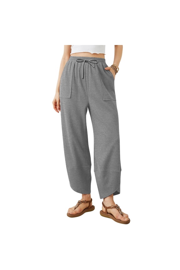 Harem Pants Women Baggy Beach Capri Palazzo Pants Summer Boho Barrel Sweatpants Drawstring Elastic Trousers with Pockets Gray 2XL