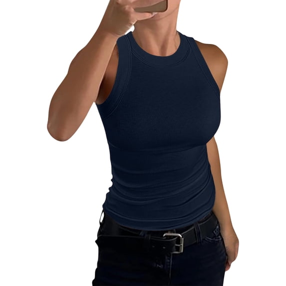 WULMLEO High Neck Tank Top for Women Ribbed Casual Tops for Summer Layering Navy XL