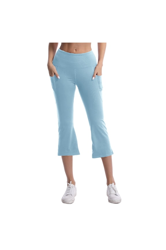High Waisted Flare Yoga Capri Pants for Women, Tummy Control Stretch Cropped Leggings with Side Pockets Sky Blue S