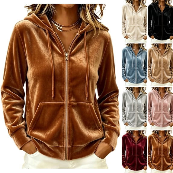 WULMLEO Hoodies Women Velvet Long Sleeve Zip Up Hooded Oversized Sweatshirts Cute Pullover Tops Loose Fit Work Sweaters Coats with Pockets Brown S