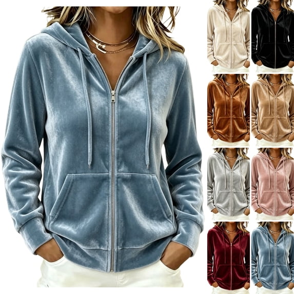 WULMLEO Hoodies for Women Oversized Zip Up Long Sleeve Hooded Velvet Pullover Tops Cute Sweatshirts Lounge Vacation Jackets with Pockets Blue S