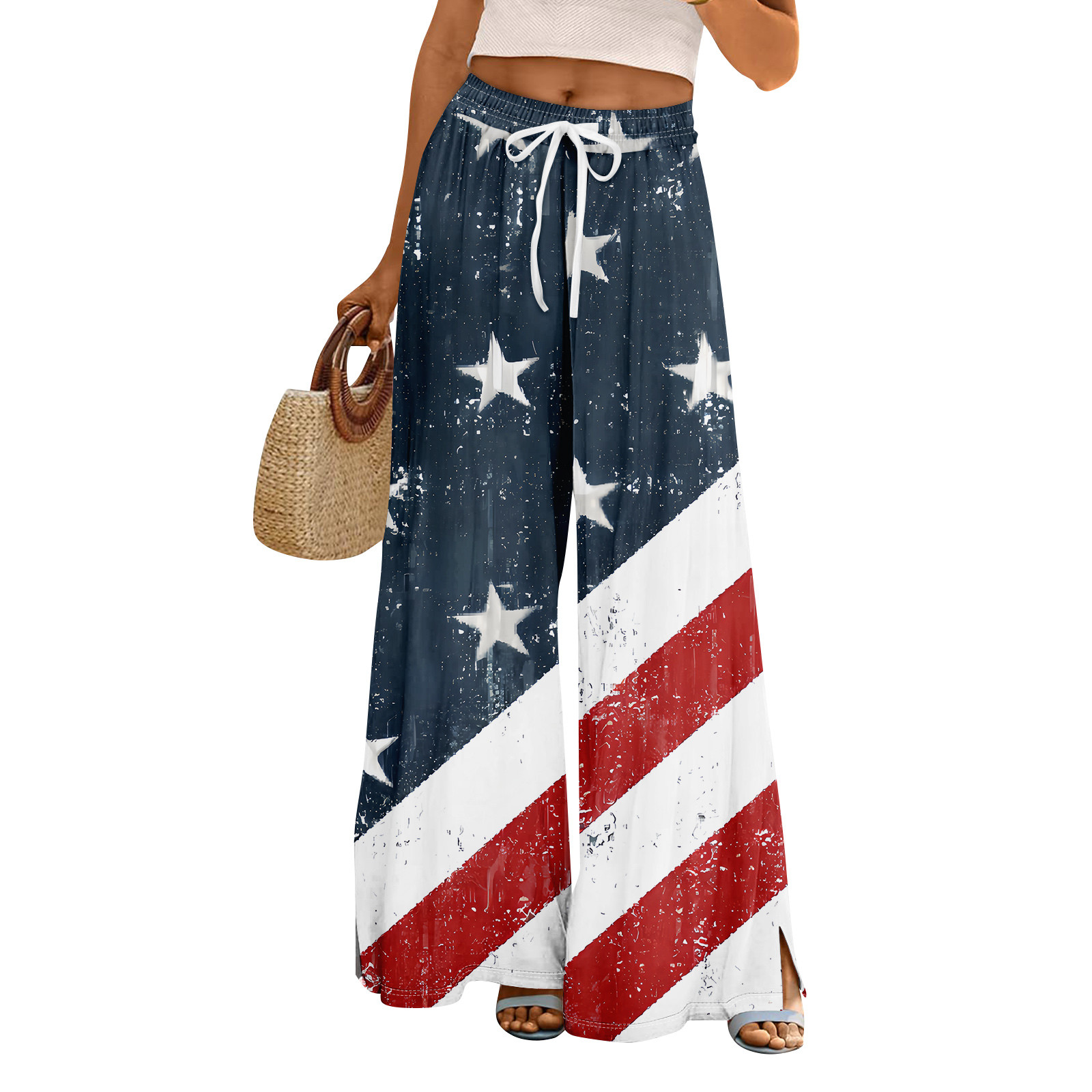 WULMLEO July 4th Womens Pants Plus Size Wide Leg High Elastic Waist Usa ...