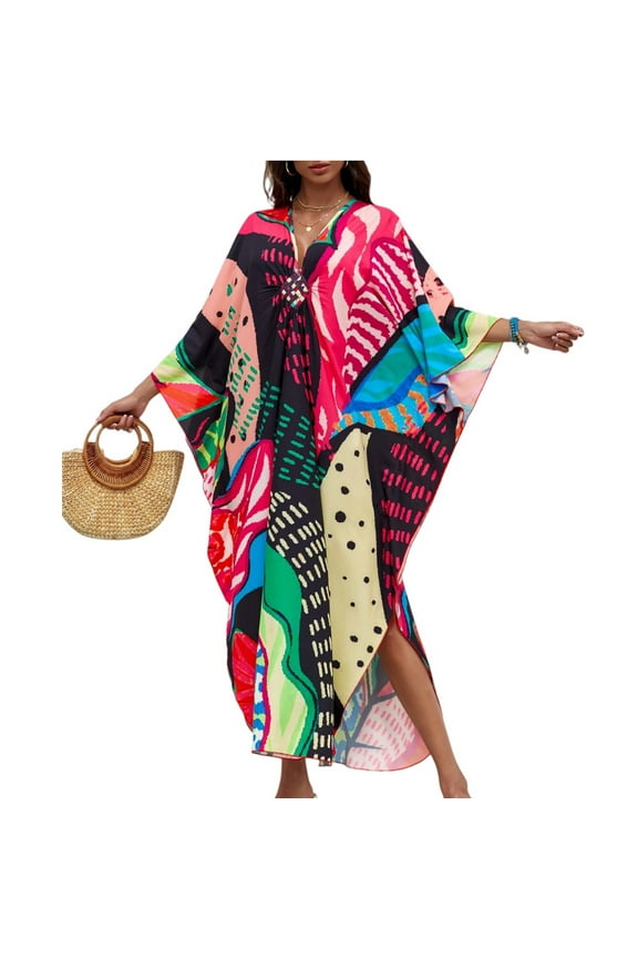 Kaftan Dresses for Women, Dresses for Women Plus Size Tropical Hawaiian Cover Ups Butterfly Loungewear Watermelon Red One Size