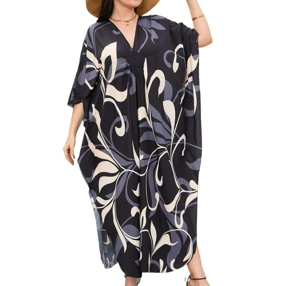 WULMLEO Kaftan Dresses for Women V Neck Batwing Sleeve Moomoo Nightgowns for Swimwear Plus Size Colorful Dresses Black One Size