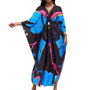 WULMLEO Kaftan Dresses for Women V Neck Batwing Sleeve Moomoo Nightgowns for Swimwear Plus Size Colorful Dresses Dark Blue One Size