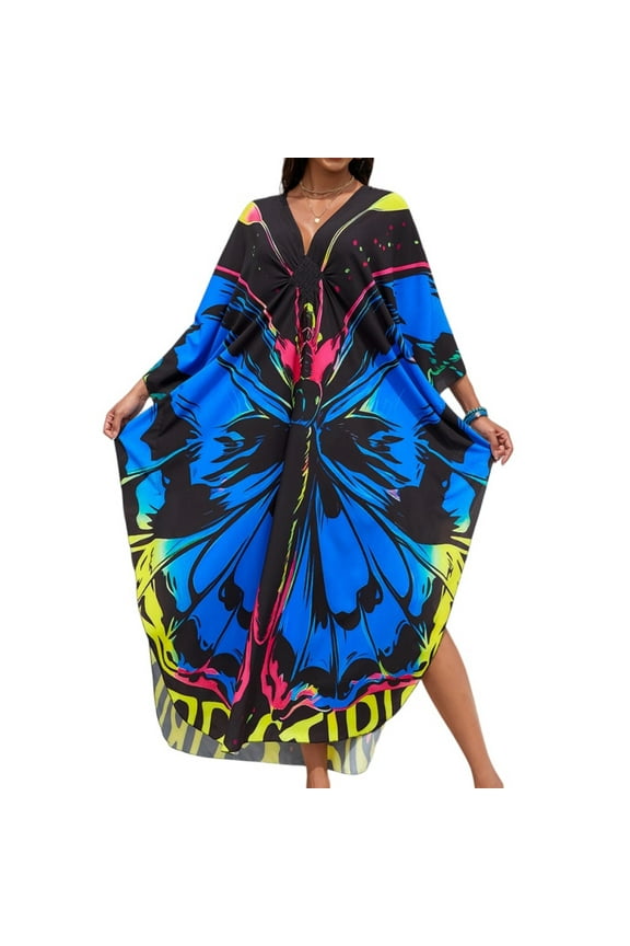Kaftan Dresses for Women V Neck Batwing Sleeve Moomoo Nightgowns for Swimwear Plus Size Colorful Dresses Dark Blue One Size