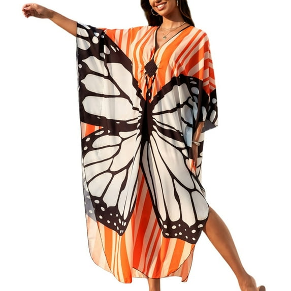 WULMLEO Kaftan Dresses for Women V Neck Batwing Sleeve Moomoo Nightgowns for Swimwear Plus Size Colorful Dresses Orange One Size