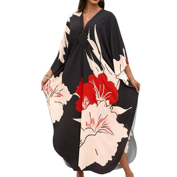WULMLEO Kaftan Dresses for Women V Neck Batwing Sleeve Moomoo Nightgowns for Swimwear Plus Size Colorful Dresses Red One Size