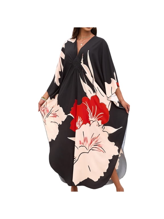 Kaftan Dresses for Women V Neck Batwing Sleeve Moomoo Nightgowns for Swimwear Plus Size Colorful Dresses Red One Size