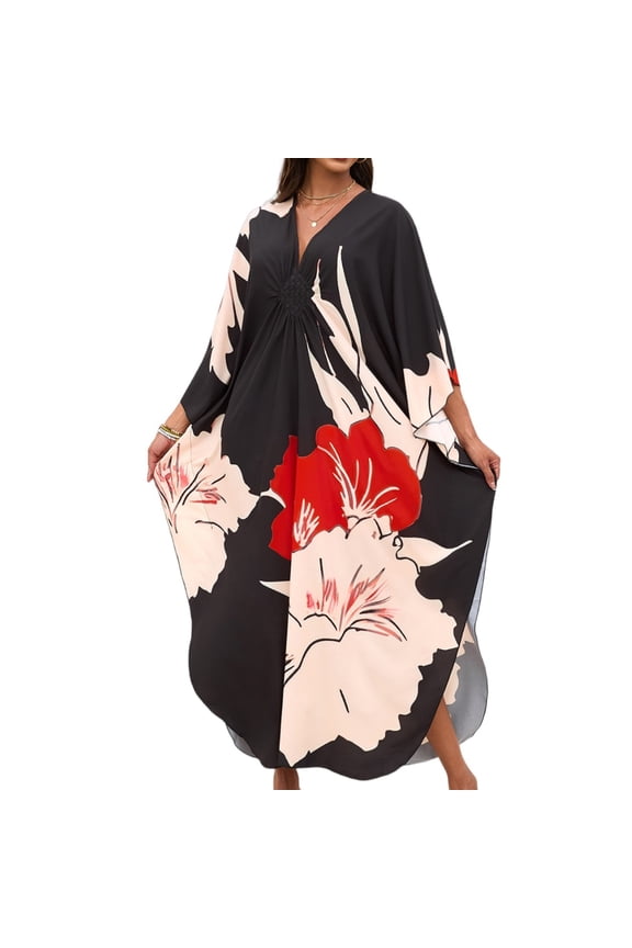 Kaftan Dresses for Women V Neck Batwing Sleeve Moomoo Nightgowns for Swimwear Plus Size Colorful Dresses Red One Size