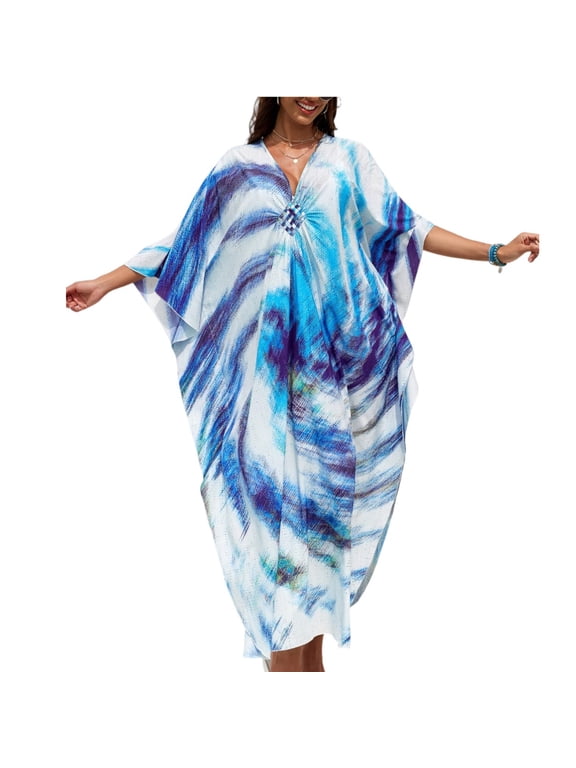 Kaftan Dresses for Women V Neck Batwing Sleeve Moomoo Nightgowns for Swimwear Plus Size Colorful Dresses Sky Blue One Size