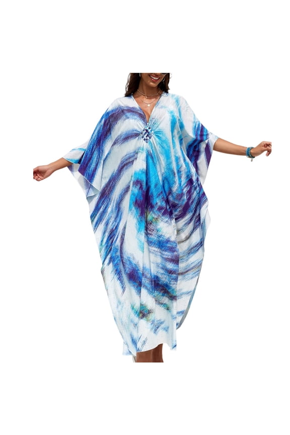 Kaftan Dresses for Women V Neck Batwing Sleeve Moomoo Nightgowns for Swimwear Plus Size Colorful Dresses Sky Blue One Size