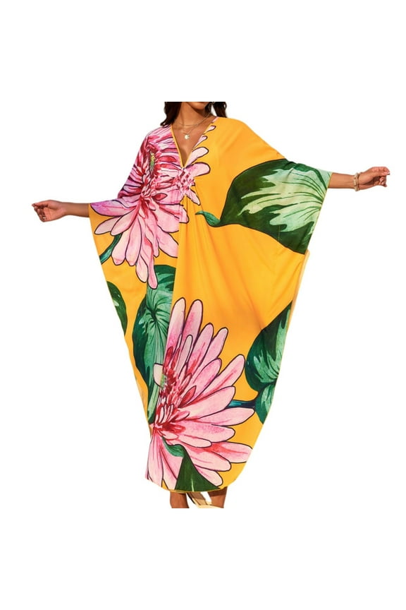 Kaftan Dresses for Women V Neck Batwing Sleeve Moomoo Nightgowns for Swimwear Plus Size Colorful Dresses Yellow One Size