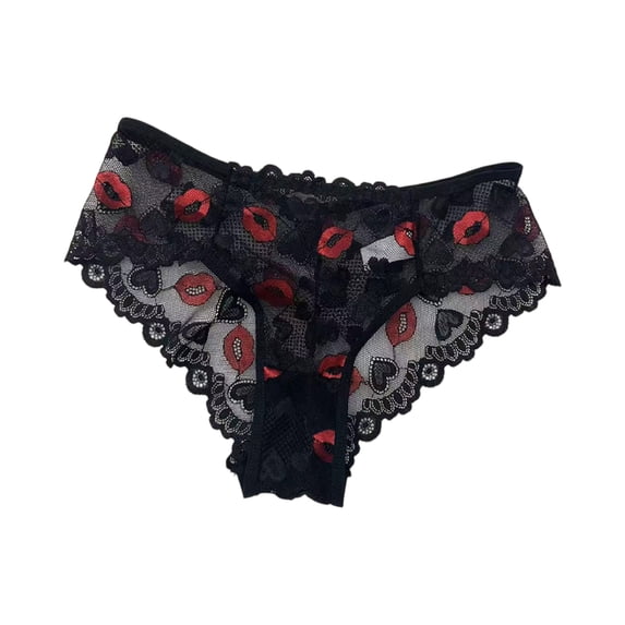 WULMLEO Lace Underwear for Women, Lips Embroidery Low Rise See-Through Mesh Thongs Panties Black M