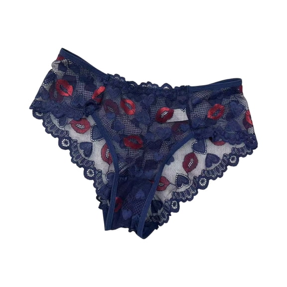 WULMLEO Lace Underwear for Women, Lips Embroidery Low Rise See-Through Mesh Thongs Panties Dark Blue L