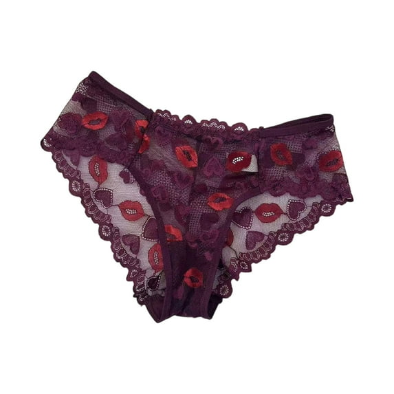 WULMLEO Lace Underwear for Women, Lips Embroidery Low Rise See-Through Mesh Thongs Panties Red M