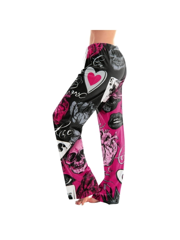 Ladies Fall Halloween Skull Floral Sleep Pants, All‑Over Gothic Pattern, Drawstring Elastic Waist Wide Leg Loose‑Fit Home‑Wear Pajama Bottoms Red S