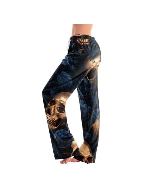 Ladies Fall Halloween Skull Floral Sleep Pants, All‑Over Gothic Pattern, Drawstring Elastic Waist Wide Leg Loose‑Fit Home‑Wear Pajama Bottoms Saffron S