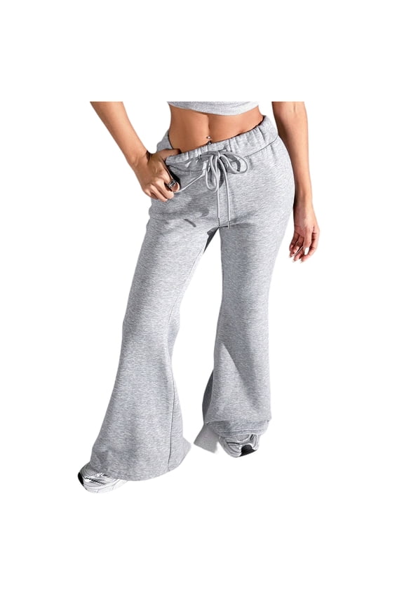 Ladies Fashion High Waist Sweatpants Loose Draw String Waist Solid Color Cargo Drawstring Pants Leisure Flares Gray L