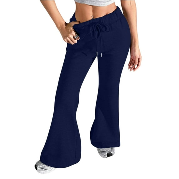 WULMLEO Ladies Fashion High Waist Sweatpants Loose Draw String Waist Solid Color Cargo Drawstring Pants Leisure Flares Navy S