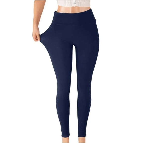 WULMLEO Lambskin Winter Leggings,Fur Lined Leggings for Women,Winter Warm Thickened Multi-Plush Solid Pants Navy S