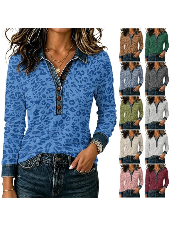 Leopard Print Shirts For Women Collared Henley Long Sleeve Blouses Denim Trim Casual Tops Blue L