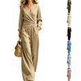 thumbnail image 1 of WULMLEO Linen 2 Piece Sets Women Boho Wrap Cross V Neck Long Sleeve Top Wide Leg Pants Set Casual Basic Outfits Fall Stretch Suits with Pockets Khaki L, 1 of 8