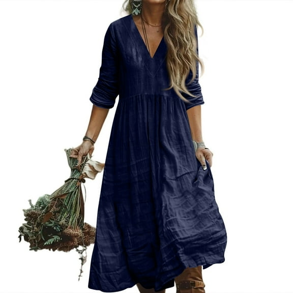 WULMLEO Linen Dresses for Women 2025 Flowy V Neck Short Sleeve Maxi Dress Lightweight Summer Beach Vacation Clothes Navy 2XL