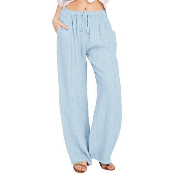 WULMLEO Linen Pants Women 2025 Summer Beach Lounge Palazzo Trousers Loose Elastic Plus Size Drawstring with Pockets Pants Light Blue S