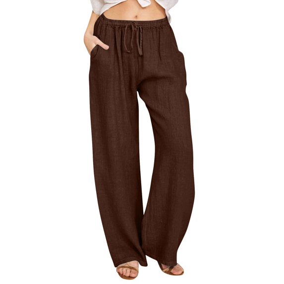 WULMLEO Linen Pants Women Spring Summer Dressy Casual High Waisted Drawstring Pant Cotton Straight Leg Lounge Trousers Coffee XL