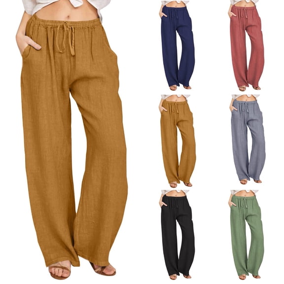 WULMLEO Linen Pants Women Spring Summer Dressy Casual High Waisted Drawstring Pant Cotton Straight Leg Lounge Trousers Khaki S