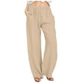 thumbnail image 1 of WULMLEO Linen Pants Women Spring Summer Dressy Casual High Waisted Drawstring Pant Cotton Straight Leg Lounge Trousers Khaki XL, 1 of 6