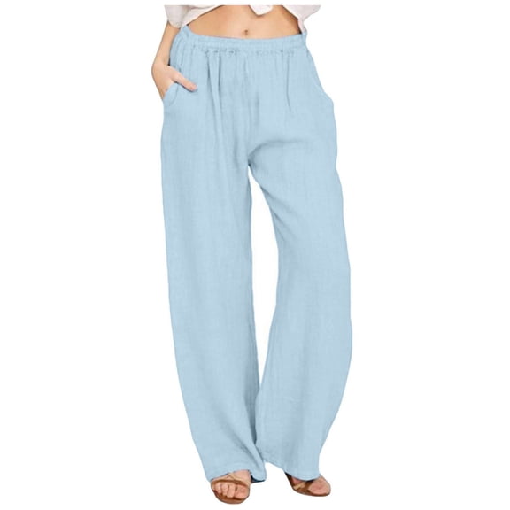 WULMLEO Linen Pants Women Spring Summer Dressy Casual High Waisted Drawstring Pant Cotton Straight Leg Lounge Trousers Light Blue 2XL
