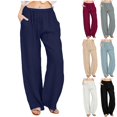 thumbnail image 1 of WULMLEO Linen Pants Women Spring Summer Dressy Casual High Waisted Drawstring Pant Cotton Straight Leg Lounge Trousers Navy S, 1 of 7