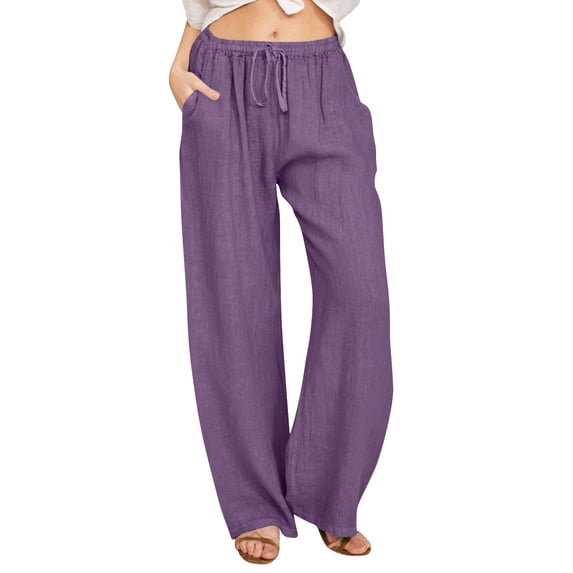 WULMLEO Linen Pants Women Spring Summer Dressy Casual High Waisted Drawstring Pant Cotton Straight Leg Lounge Trousers Purple S