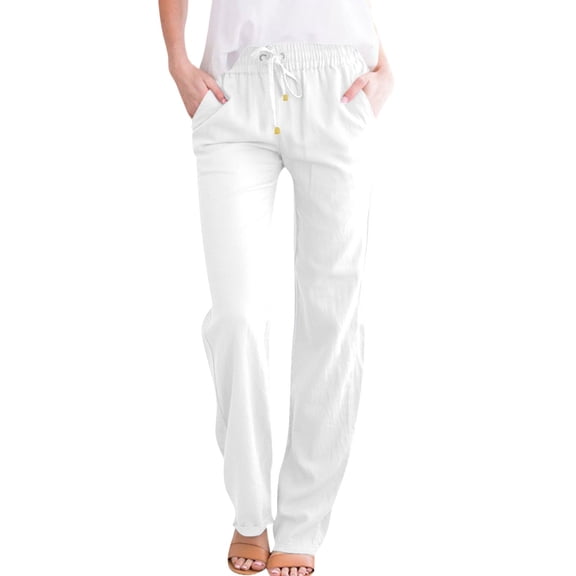 WULMLEO Linen Pants Women Spring Summer Dressy Casual High Waisted Drawstring Pant Cotton Straight Leg Lounge Trousers White XL