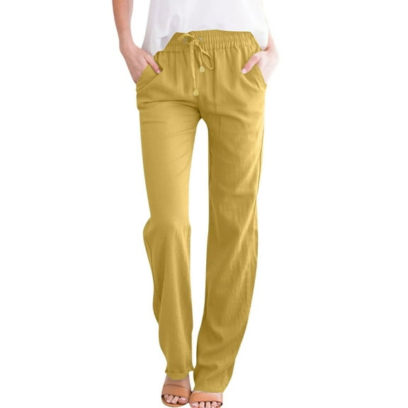 WULMLEO Linen Pants Women Spring Summer Dressy Casual High Waisted Drawstring Pant Cotton Straight Leg Lounge Trousers Yellow S
