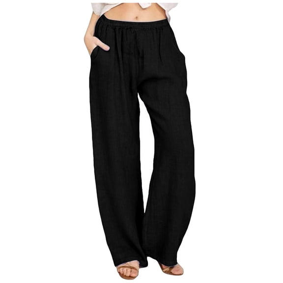 WULMLEO Linen Pants Women Summer Cotton Linen Pant Stretch Palazzo Pant Flowy Wide Leg Pant Loose Beach Trouser with Pockets Black L