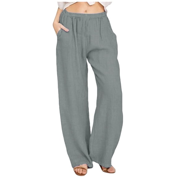 WULMLEO Linen Pants Women Summer Cotton Linen Pant Stretch Palazzo Pant Flowy Wide Leg Pant Loose Beach Trouser with Pockets Gray L