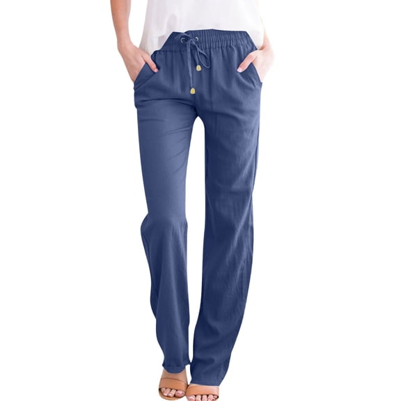 WULMLEO Linen Pants Women Summer Drawstring Straight Leg Pants High Waisted Loose Fit Casual Beach Trousers with Pockets Blue L
