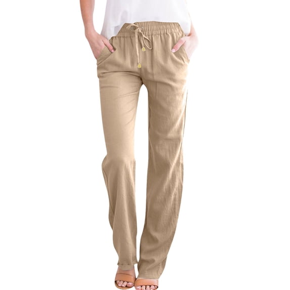 WULMLEO Linen Pants Women Summer Drawstring Straight Leg Pants High Waisted Loose Fit Casual Beach Trousers with Pockets Khaki XL