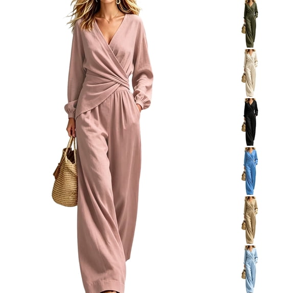 WULMLEO Linen Sets for Women 2 Piece Boho Wrap Cross V Neck Long Sleeve Top Wide Leg Pants Set Casual Loose Fit Outfits Fall Loungewear Suits with Pockets Pink 2XL