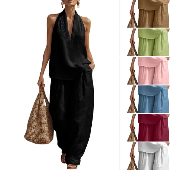 WULMLEO Linen Sets for Women 2 Piece Summer Outfits V Neck Sleeveless Tank Tops and Wide Leg Pants 2026 Cotton Linen Casual Loose Fit Set Black L