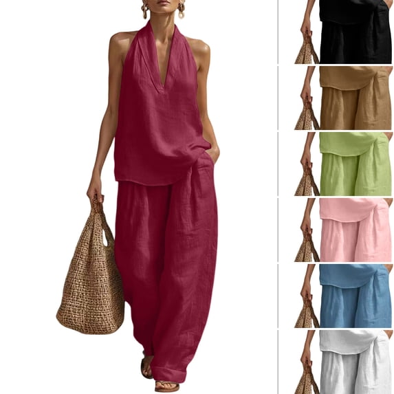 WULMLEO Linen Sets for Women 2 Piece Summer Outfits V Neck Sleeveless Tank Tops and Wide Leg Pants 2026 Cotton Linen Casual Loose Fit Set Wine S