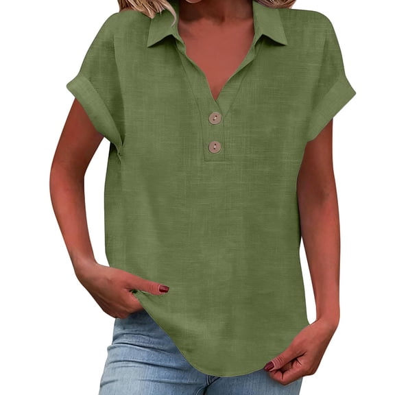 WULMLEO Linen Shirts for Women Short Sleeve Button Collared Y2k Tops Trendy Business Casual Dressy Blouse Loose Fit Basic Tops Army Green S
