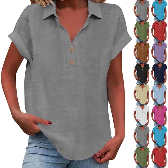 WULMLEO Linen Shirts for Women V Neck Short Sleeve Gauze Tops 2026 Summer Lightweight Botton Up Tunic Blouses Beach Gray S